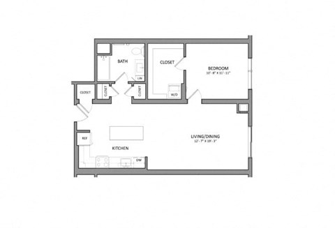 Floor plan for 1 bed, 1 bath, 750 sqft